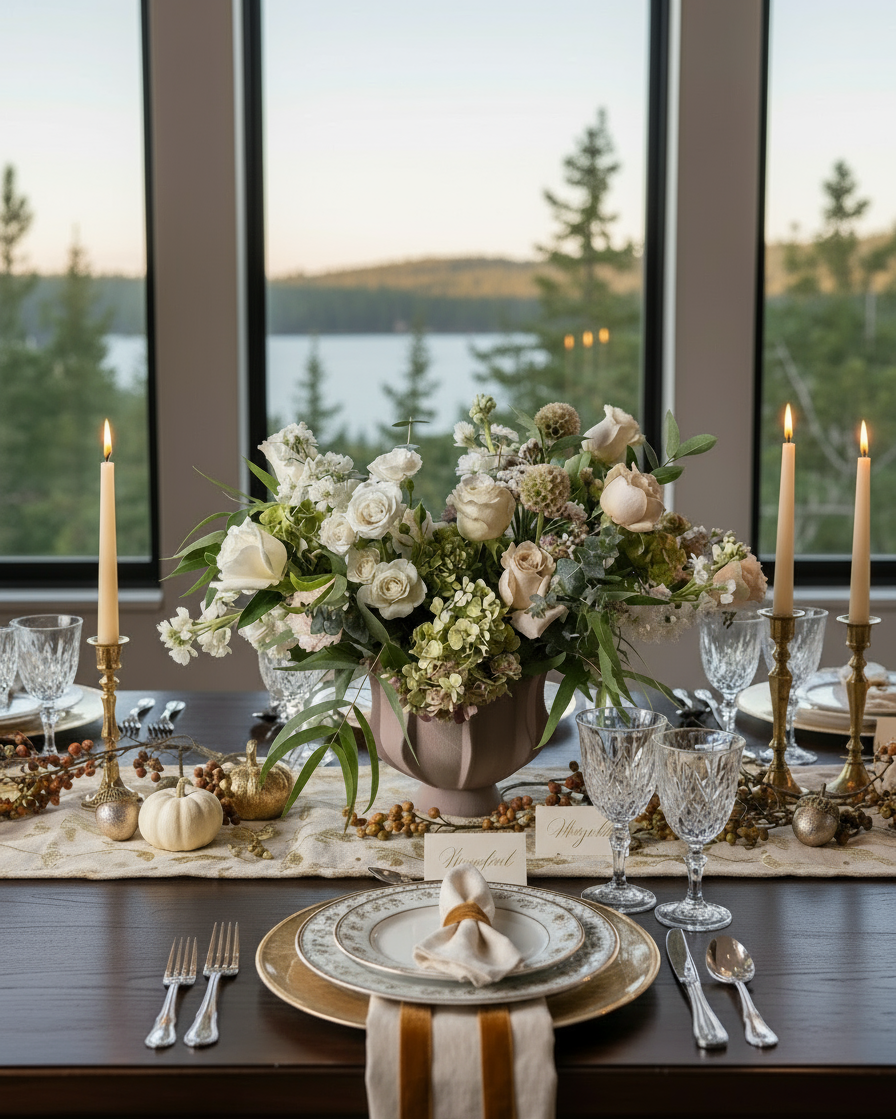 Floral arrangement with Lake Coeur d'Alene style background