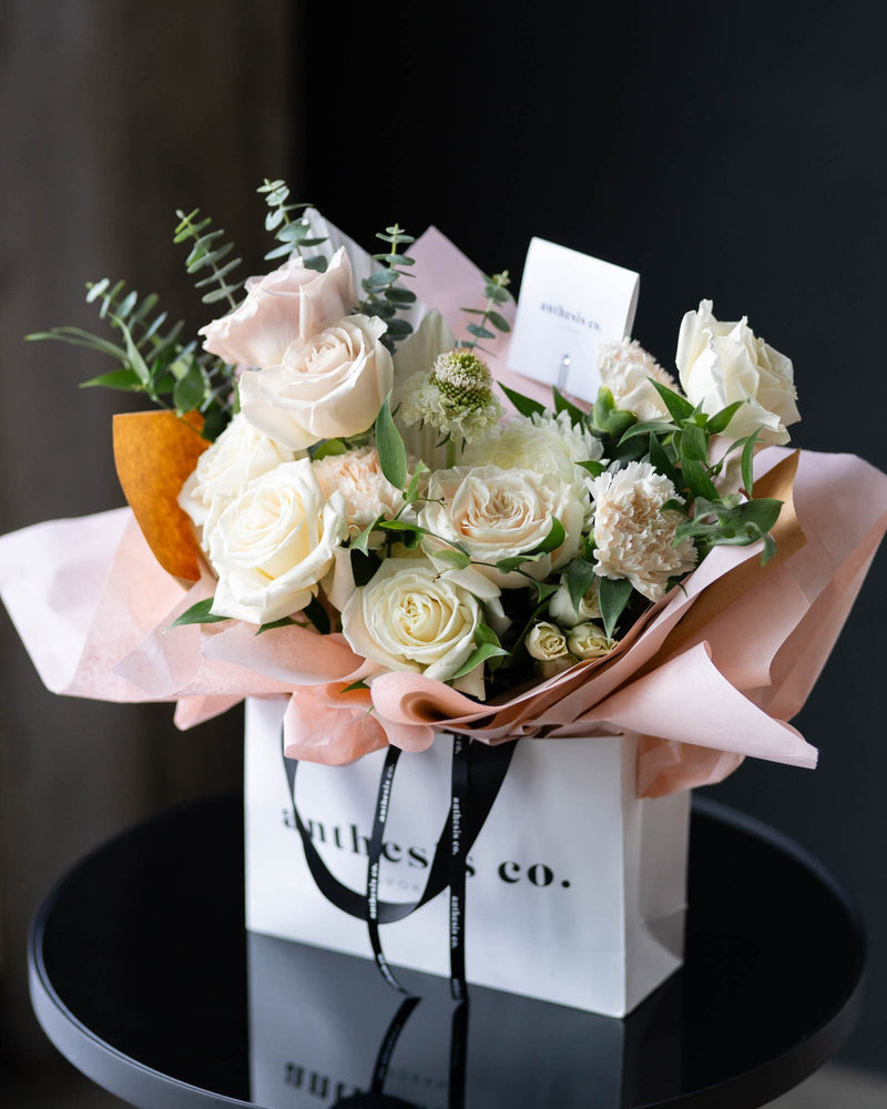 Flower Tote Blush White Bouquet Anthesis Co. Flower Delivery 